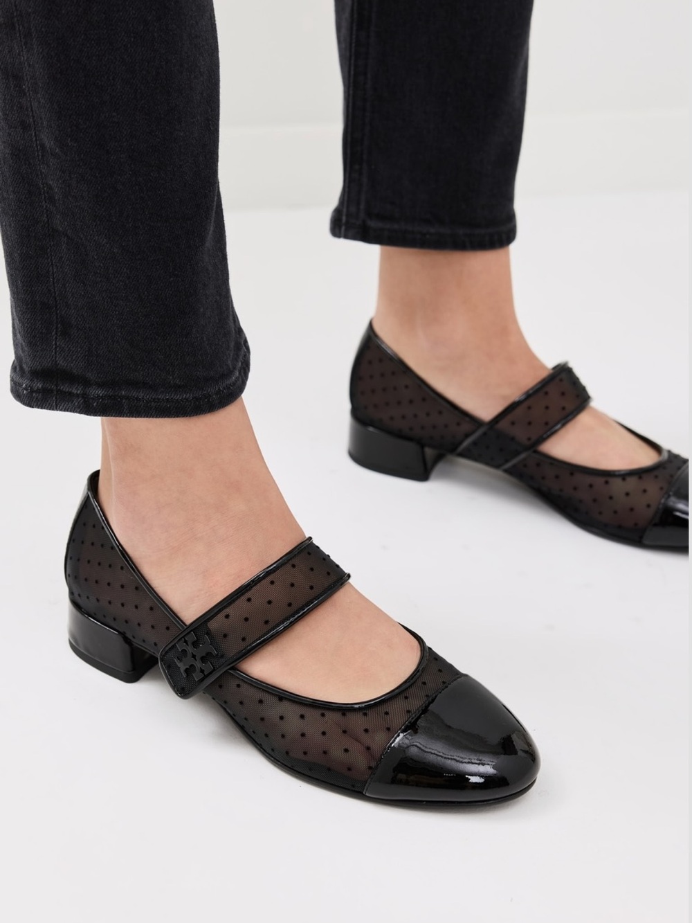 Tory Burch Cap Toe Mary Jane Heel Ballet Flats Black Mesh Size 8.5
